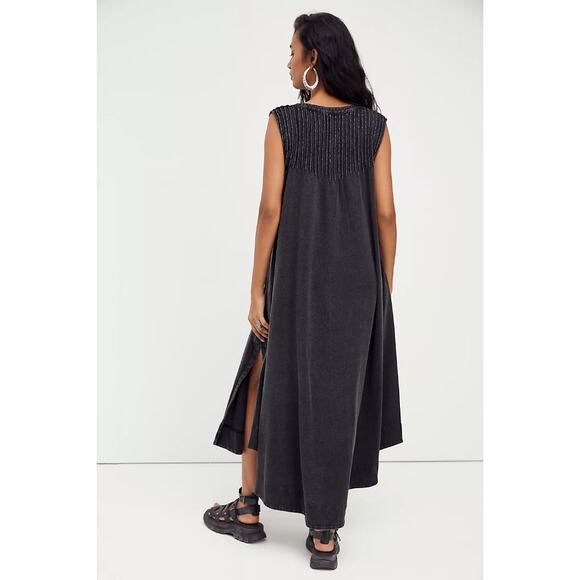 New Free People Pintucked Knit Button Midi Tunic Dress Top $118 X-SMALL Black - Picture 5 of 5